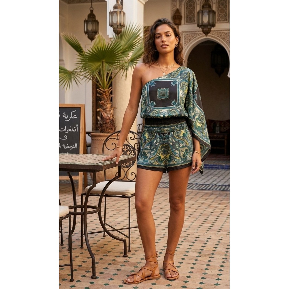 Arden B Scarf Print One Shoulder Romper Teal Green Paisley Smocked Waist Large